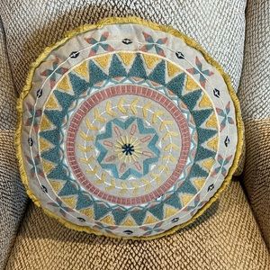 Throw Pillow~Embroidery-like stitching, loops, twine and fringe. Like new